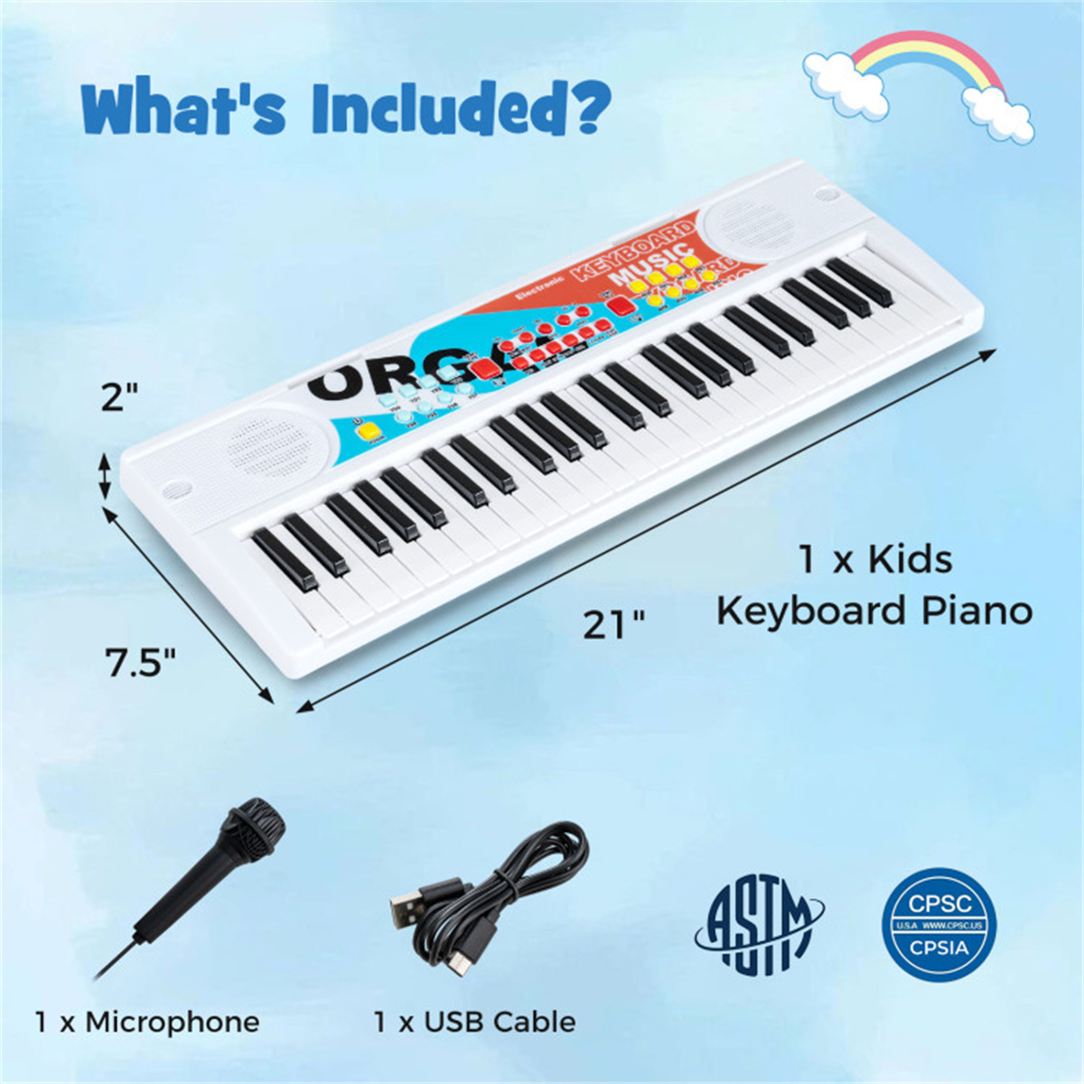 Kids Education Age - 49キー子供用電子キーボード、マイク付き、8つの音色とリズム、3歳以上向け教育用音楽玩具 - ホワイト