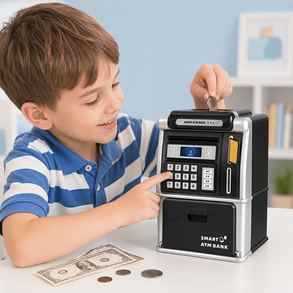 スマートATM貯金箱、自動紙幣巻き取り、PINパスワードロッ - Kids Education Savings のレビューと価格