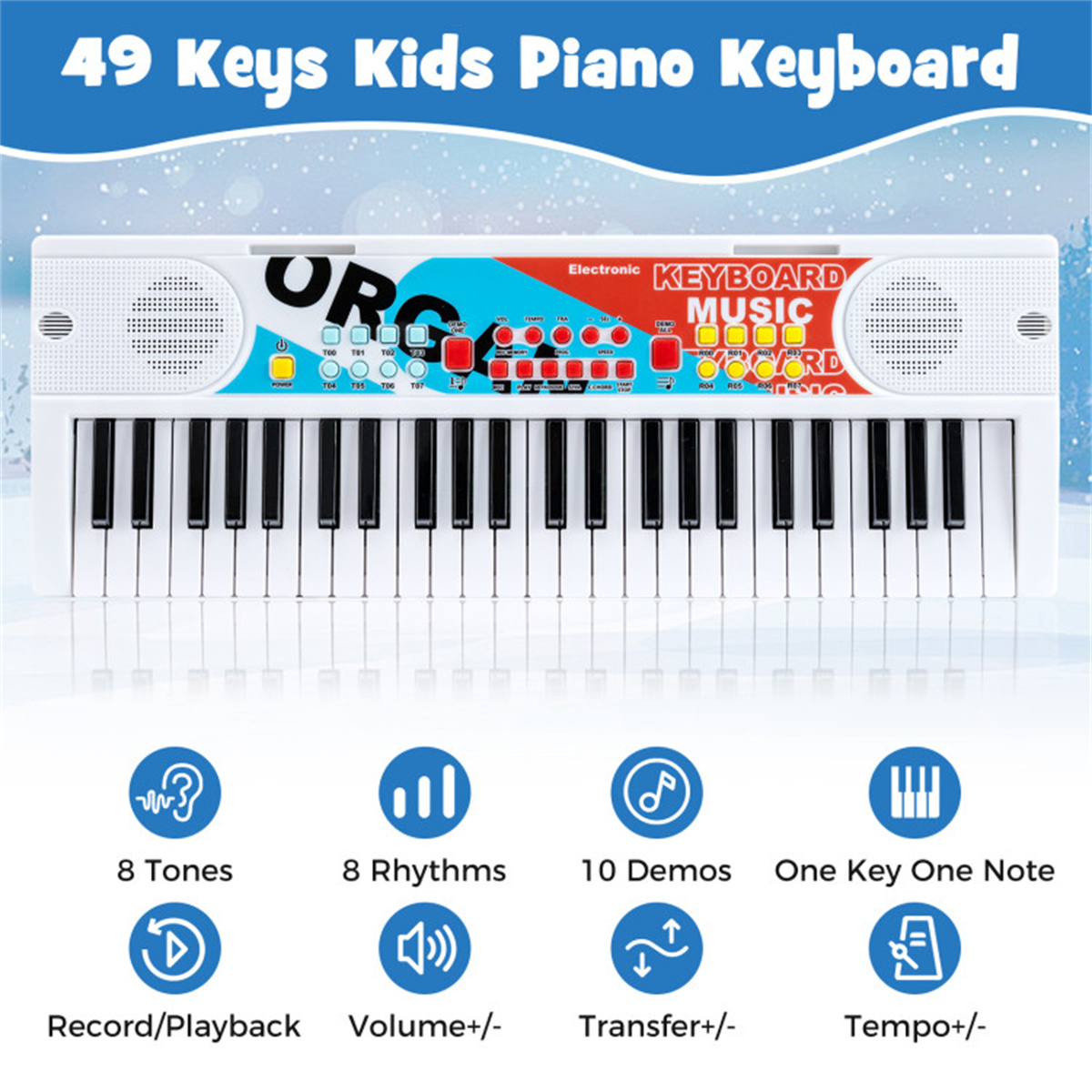 49キー子供用電子キーボード、マイク付き、8つの音色とリズム - Kids Education Age のレビューと価格